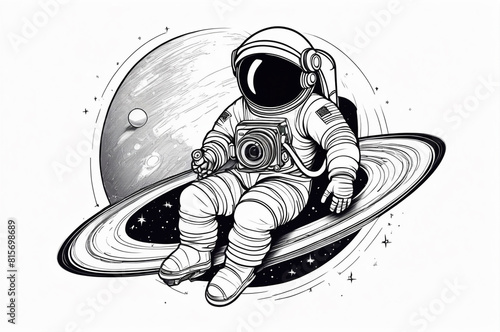 Astronaut sitting on the planet Saturn with a giant camera. Generative AI