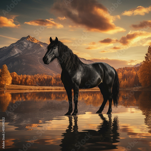 Friesian horse at sunset near a mountain lake in the mountains in autumn