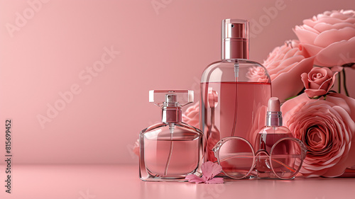 glamorous and fashionable pink background, with perfumes and cosmetics. International Women's Day.