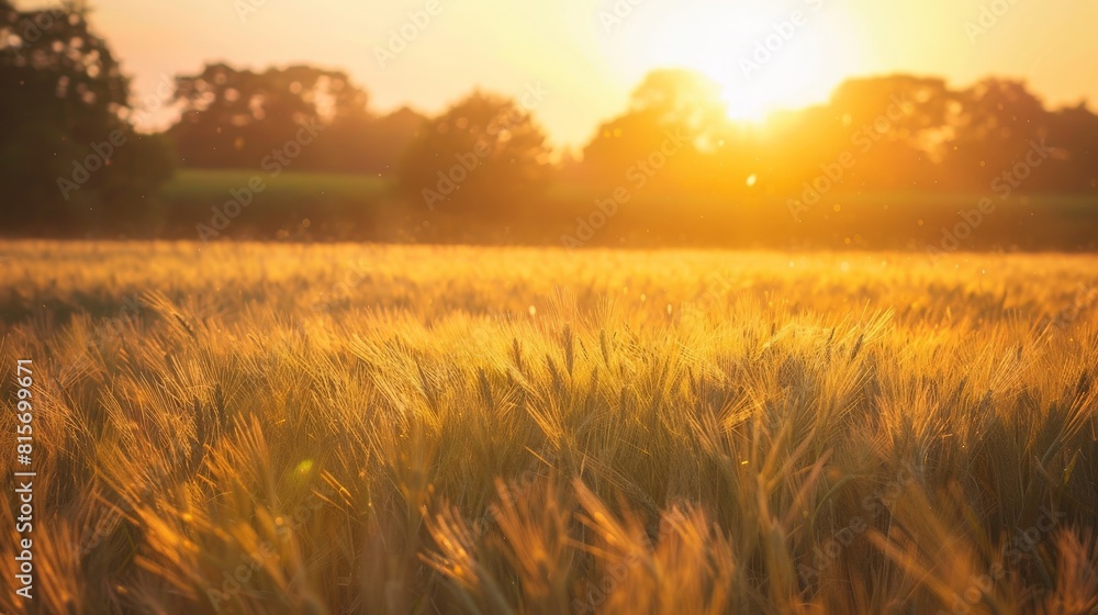 Fototapeta premium Fields bathed in golden light as the sun ascends, signaling the start of a new day