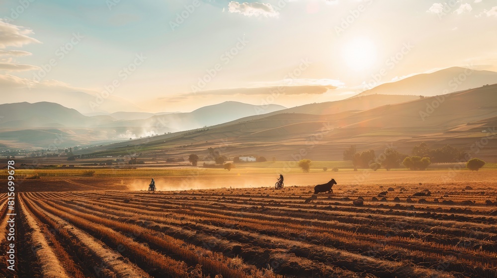 Farmers tending to their fields as the sun peeks over the distant hills Farmers tending to their fields as the sun peeks over the distant hills