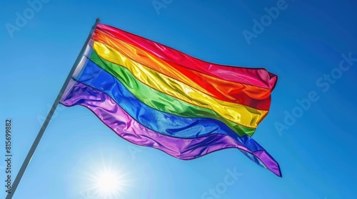 A close-up shot of a rainbow flag banner billowing in the wind against a clear blue sky