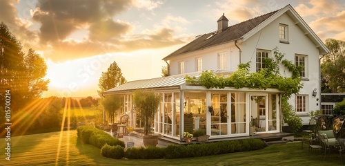A white farmhouse with modern updates  including a spacious  sunlit conservatory filled with greenery  set against the rustic charm of the countryside  in the golden light just before sunset. 
