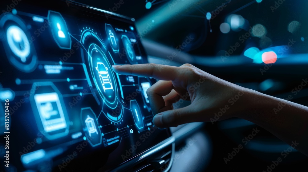 Hand pointing at smart car's console with digital icons emerging from the screen Hand pointing at smart car's console with digital icons emerging from the screen