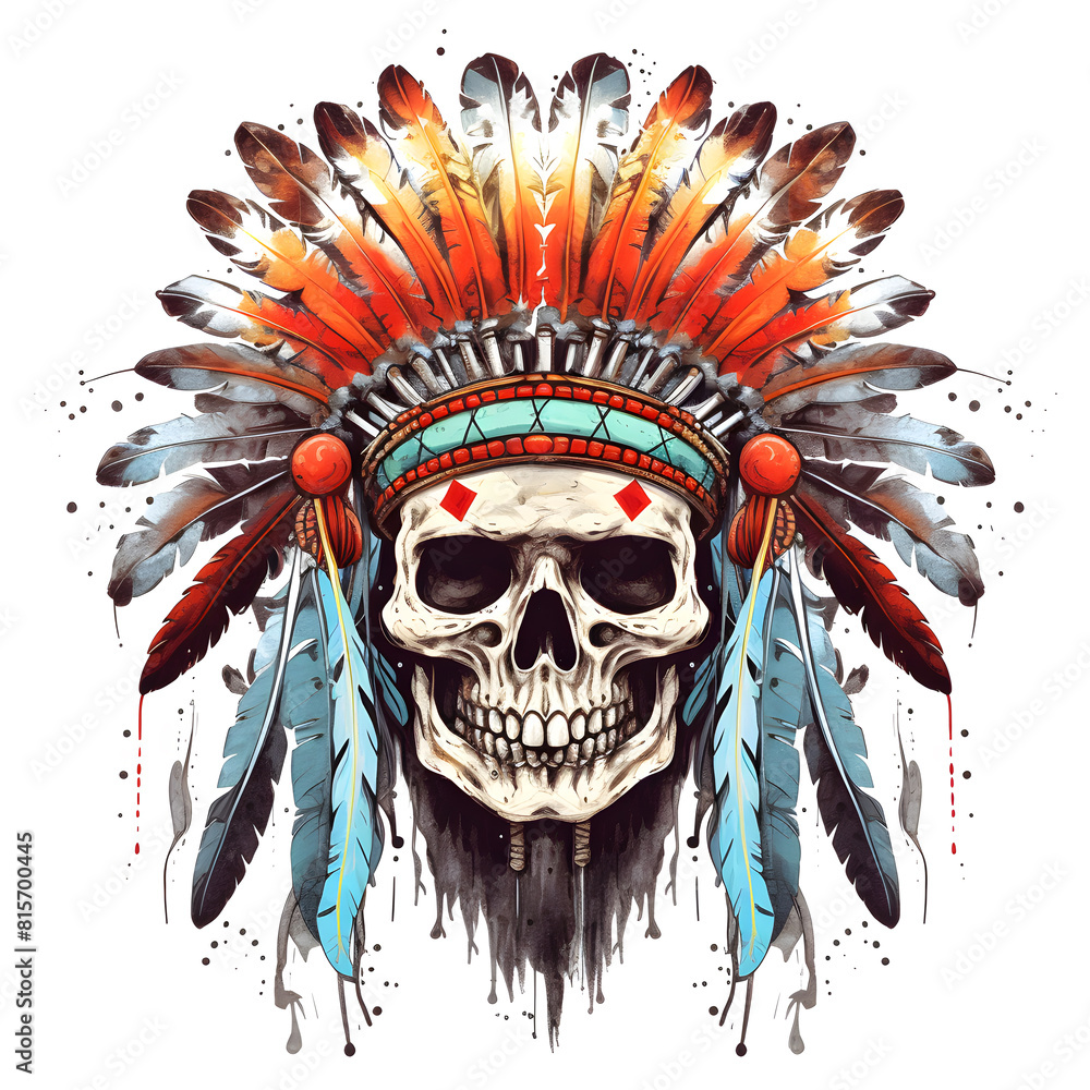 Watercolor native American skull with Indian headdress isolated on white background