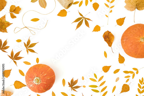 Autumnal fall leaves and pumpkins on white background. Thanksgiving day concept. Flat lay, top view © artifirsov