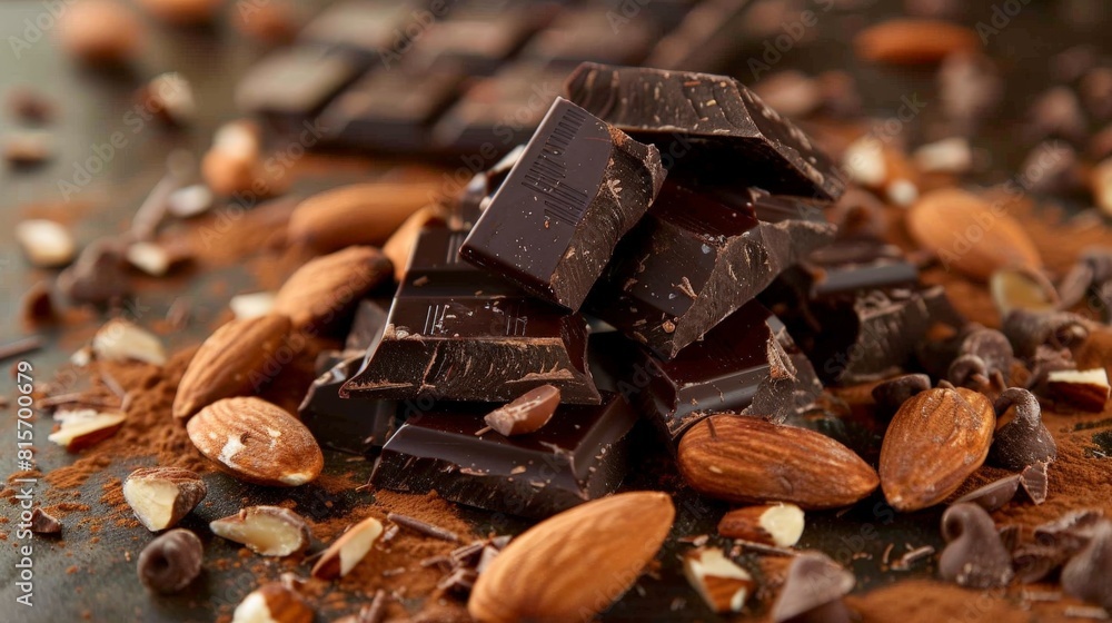 Indulgent dark chocolate chunks with crunchy roasted almonds on brown surface Indulgent dark chocolate chunks with crunchy roasted almonds on brown surface