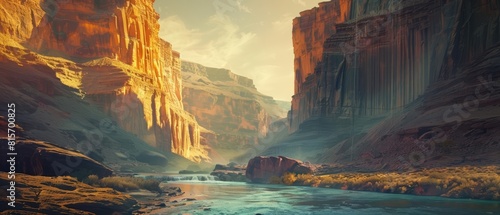Amazing landscape view of a majestic river, flowing powerfully through an ancient canyon, with walls that shimmer in retro color, telling tales of natural history and geologic time