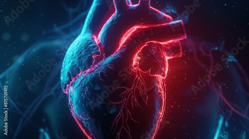 Detailed 3D illustration of a human heart glowing in red and blue, showcasing cardiovascular structures and blood flow.