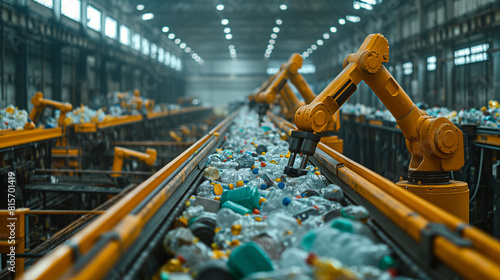 Robotic arm working on conveyor belt in factory, Automated recycling facility where robotic arms meticulously sorts recyclables. Intersection of technology and sustainability.