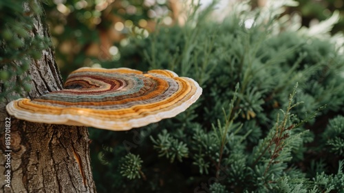 a vibrant Ganoderma lucidum mushroom flourishing beside a bush, showcasing its intricate patterns and colors in the sunlight.