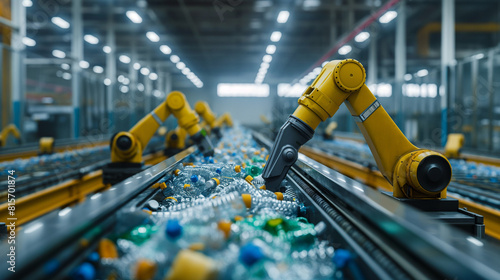 Robotic arm working on conveyor belt in factory, Automated recycling facility where robotic arms meticulously sorts recyclables. Intersection of technology and sustainability.
