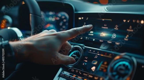 Smart car interface with finger pointing, showcasing IoT connectivity and control options © chanidapa
