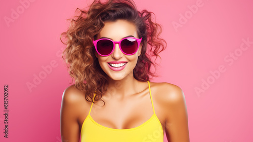 fashion portrait of young woman in a swimsuit, wearing sunglasses 
