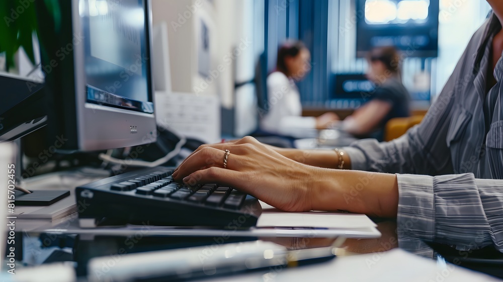 A worker in a busy office typing on a computer A worker in a busy office typing on a computer