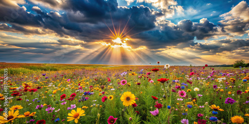 A field of blooming wildflowers under a partly cloudy sky, with beams of sunlight breaking through, highlighting the vibrant colors. photo