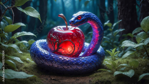 A modern depiction of a serpent, sinuously coiled around the iconic apple of temptation, set in the lush Garden of Eden. photo