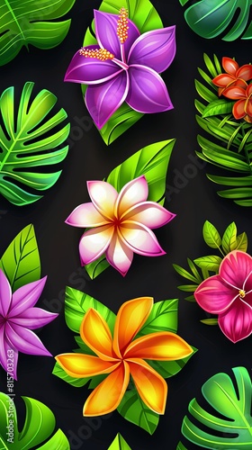 Tropical flowers and lush green leaves on dark background