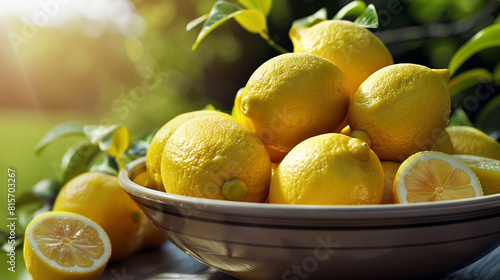 A bowl overflowing with ripe and succulent lemons against a backdrop of lush greenery  capturing the essence of sunny summer days and wholesome goodness.