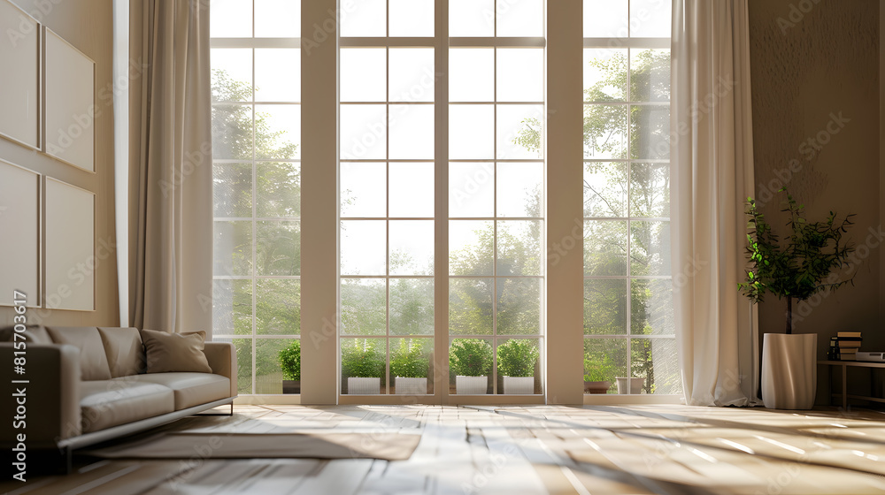 Fototapeta premium living room with big window and brown wall interior : Generative AI