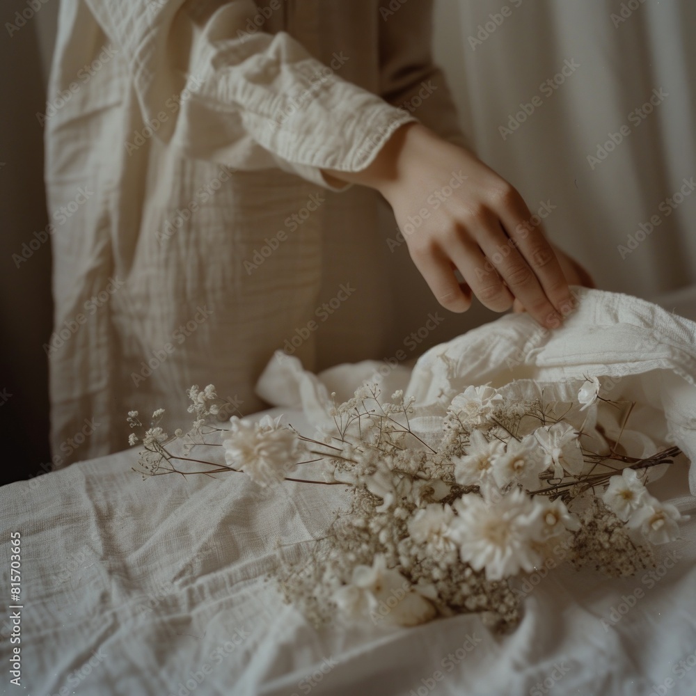 a female holding Gypsophila paniculata Baby's-breath flower arrangement, ai a female holding Gypsophila paniculata Baby's-breath flower arrangement, ai