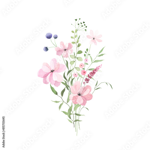 Watercolor bouquet with delicate pink flowers  abstract green plants and leaves. Floral decor with design elements for invitation or greeting cards  hand drawn isolated illustration for your print.