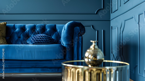 Stylish living room interior composition with velvet blue sofa golden side table pouf pillows and elegant home decor Dark blue wallpaper Template Copy space : Generative AI