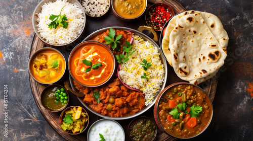 Colorful Indian Thali Platter: Traditional Meal with a Variety of Curries and Accompaniments