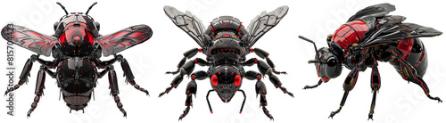 Black and red robotic fly insect bundle  mechanical cyber animal collection isolated on a transparent background