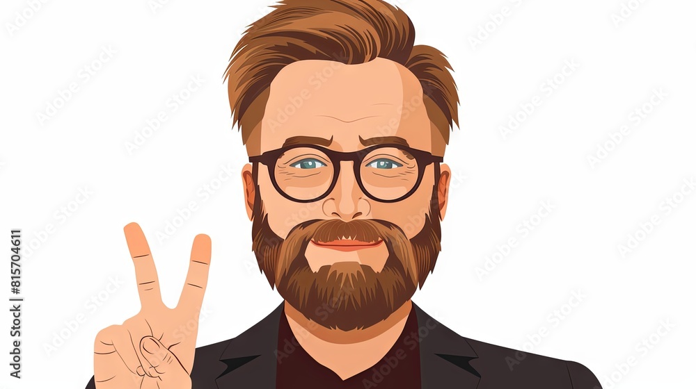 Confident adult Caucasian man making peace sign with hand