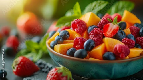 colorful berries and fruits in bowl  summer mix of berries  healthy organic food