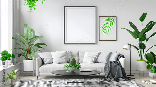 Creative composition of living room interior with mock up poster frame gray sofa black coffee table patterned rug plants in flowerpots slippers and personal accessories Home decor Temp : Generative AI photo