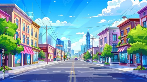 Modern illustration of a city street with houses and skyscrapers in perspective. Road  buildings with shops  offices  and motels  hanging power lines  modern illustration.