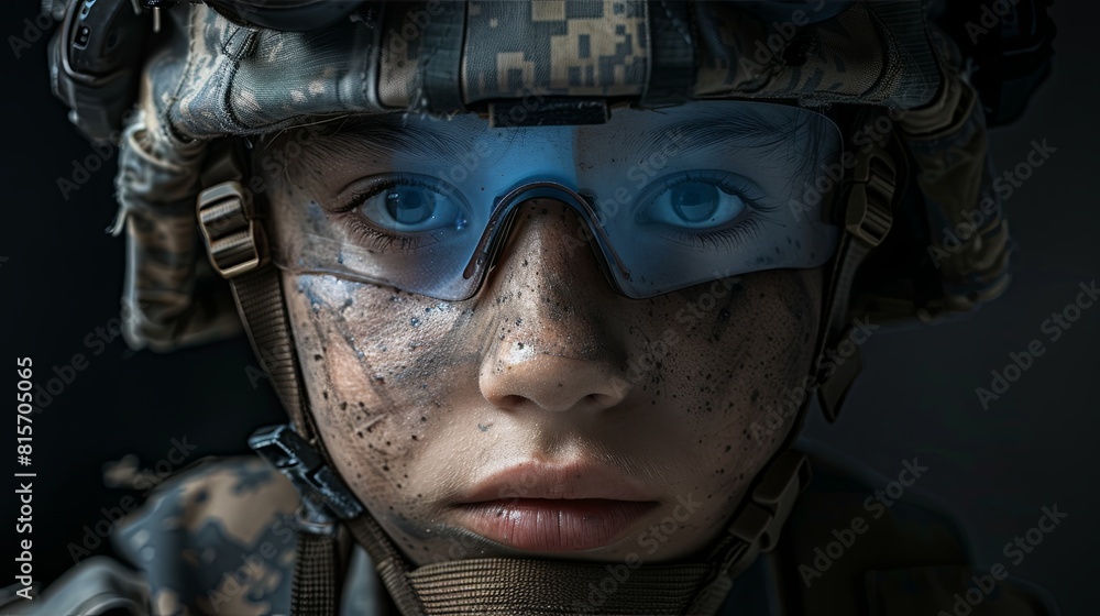 Young soldier with intense gaze in futuristic battle gear Young soldier with intense gaze in futuristic battle gear