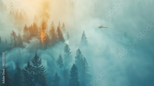 Aerial view of a forest engulfed in flames with a helicopter hovering amidst dense smoke under a soft glowing sunlight photo