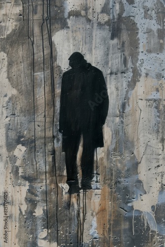 Silhouette of a solitary man in long coat on a weathered, abstract background. The figure appears isolated and reflective, emphasizing themes of escape and solitude. The loneliness of fugitive, escape © Truprint