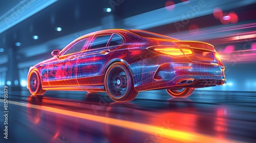 Futuristic Neon Lit Aerodynamic Car Speeding Through Illuminated Cityscape