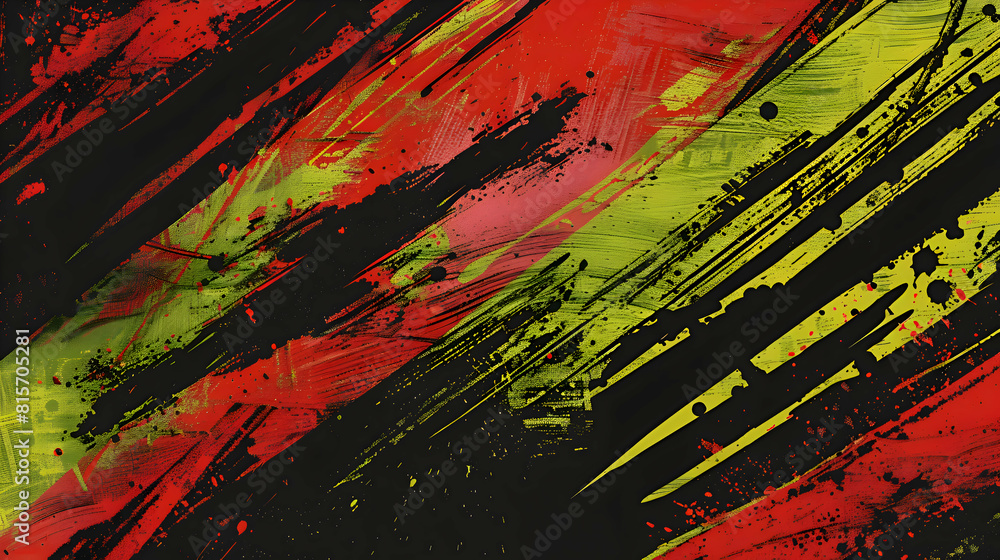 Fototapeta premium Abstract background with diagonal red, green and black stripes on grunge wall, paint splashes and scratches. Generative Ai