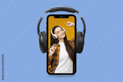 Image with phone, listening music concept, music app, design background for advertising