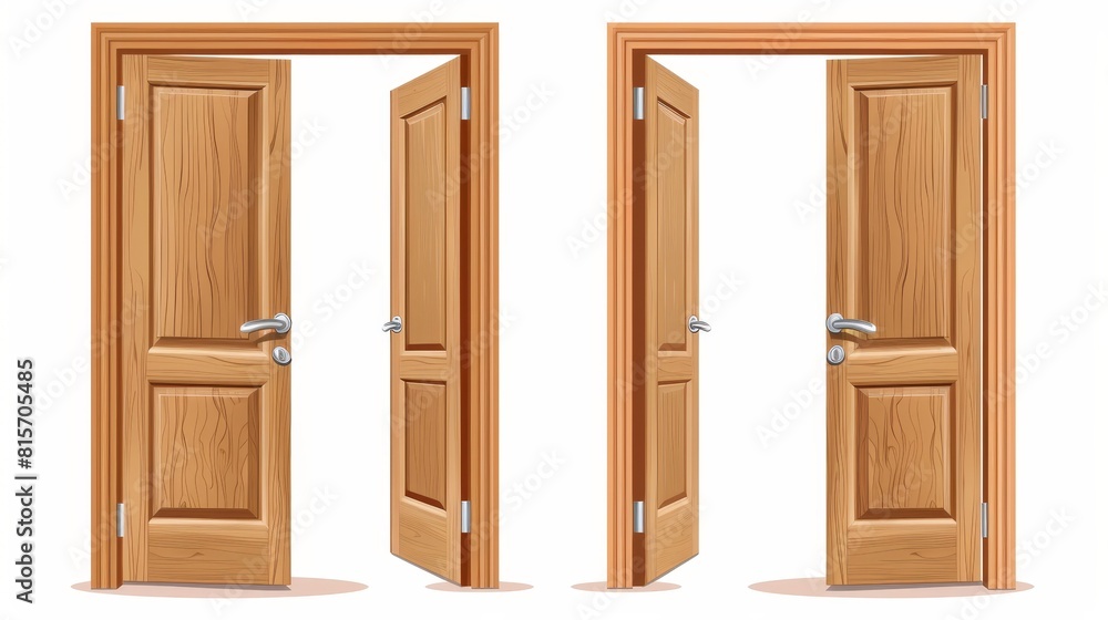 A realistic 3D modern illustration of a closed and opened wooden door with chrome handles, interior doorways, and modern design elements isolated on a white background. Welcome, invitation to enter, A realistic 3D modern illustration of a closed and opened wooden door with chrome handles, interior doorways, and modern design elements isolated on a white background. Welcome, invitation to enter,