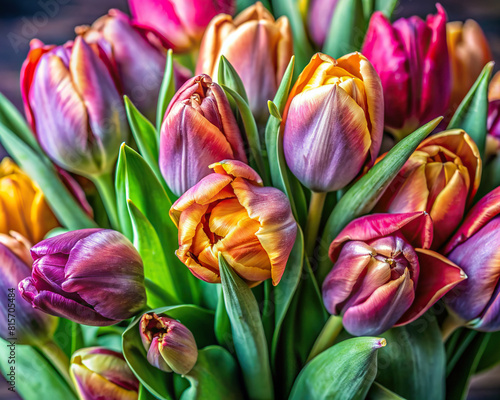 A macro shot focusing on the details of a bouquet of tulips  emphasizing the natural process of wilting and decay.