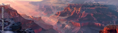 Futuristic landscape view of a grand canyon, its intricate layers telling stories of millennia, highlighted with a futuristic style that enhances its dramatic and rugged beauty photo