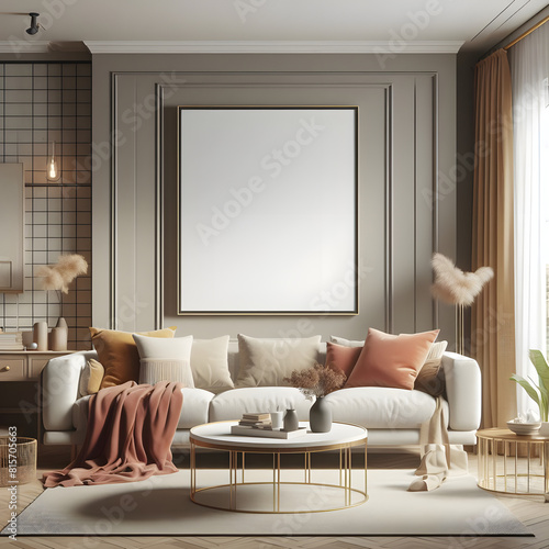 living room interior, Frame mockup, Living room wall poster mockup. Interior mockup