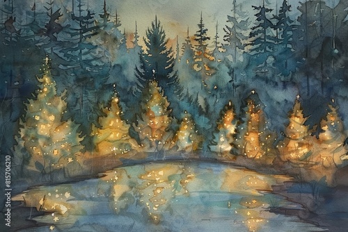 Watercolor artwork of a serene  magical forest with glowing Christmas trees  bringing a sense of peace and festivity
