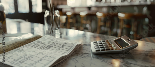 Cozy diner table with a calculator and open checkbook, finances in focus.