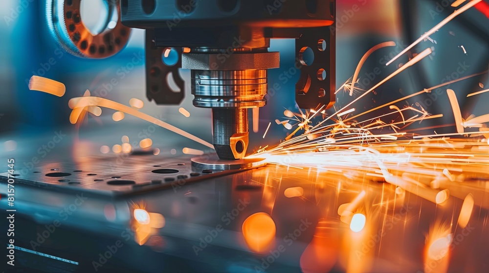 Industrial laser cutting machine processing metalwork with sparks Industrial laser cutting machine processing metalwork with sparks