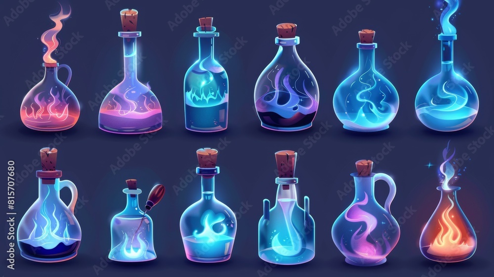 The potion bottle is surrounded by the puff cloud animation set with a dark background. Modern illustration of a test tube with magic blue elixir, explosion, or evaporation effect. The potion bottle is surrounded by the puff cloud animation set with a dark background. Modern illustration of a test tube with magic blue elixir, explosion, or evaporation effect.