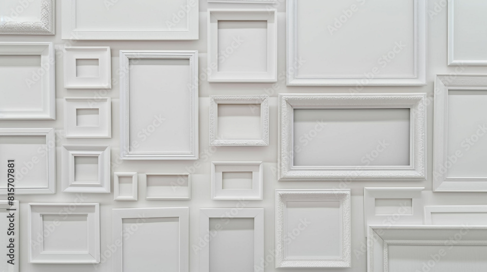 A gallery wall featuring a random arrangement of various-sized plain white frames, each slightly askew to challenge traditional gallery norms. A gallery wall featuring a random arrangement of various-sized plain white frames, each slightly askew to challenge traditional gallery norms.