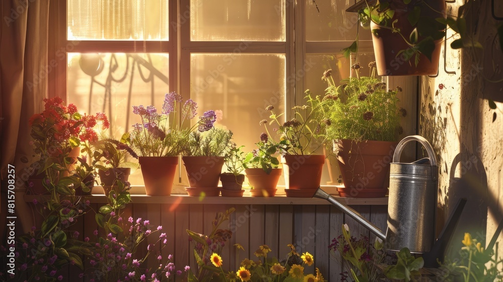 a plant nursery bathed in sunlight, with a watering can resting beside bags of soil, evoking the essence of nurturing growth.