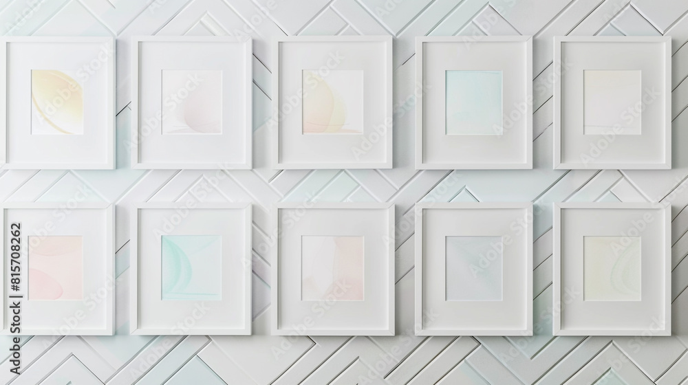 A gallery wall with plain white frames arranged in a herringbone pattern, each frame hosting a minimalist pastel drawing, blending art and decoration. A gallery wall with plain white frames arranged in a herringbone pattern, each frame hosting a minimalist pastel drawing, blending art and decoration.